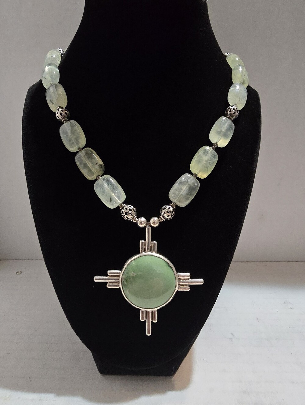 18" Sterling Silver Rutilated Pale Green Quartz Necklace And Zia Pendant 2.4"